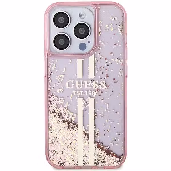 GUESS futerał do IPHONE 15 Pro GUHCP15LLFCSEGP (Liquid Glitter Gold Stripes) różowy - obrazek 3