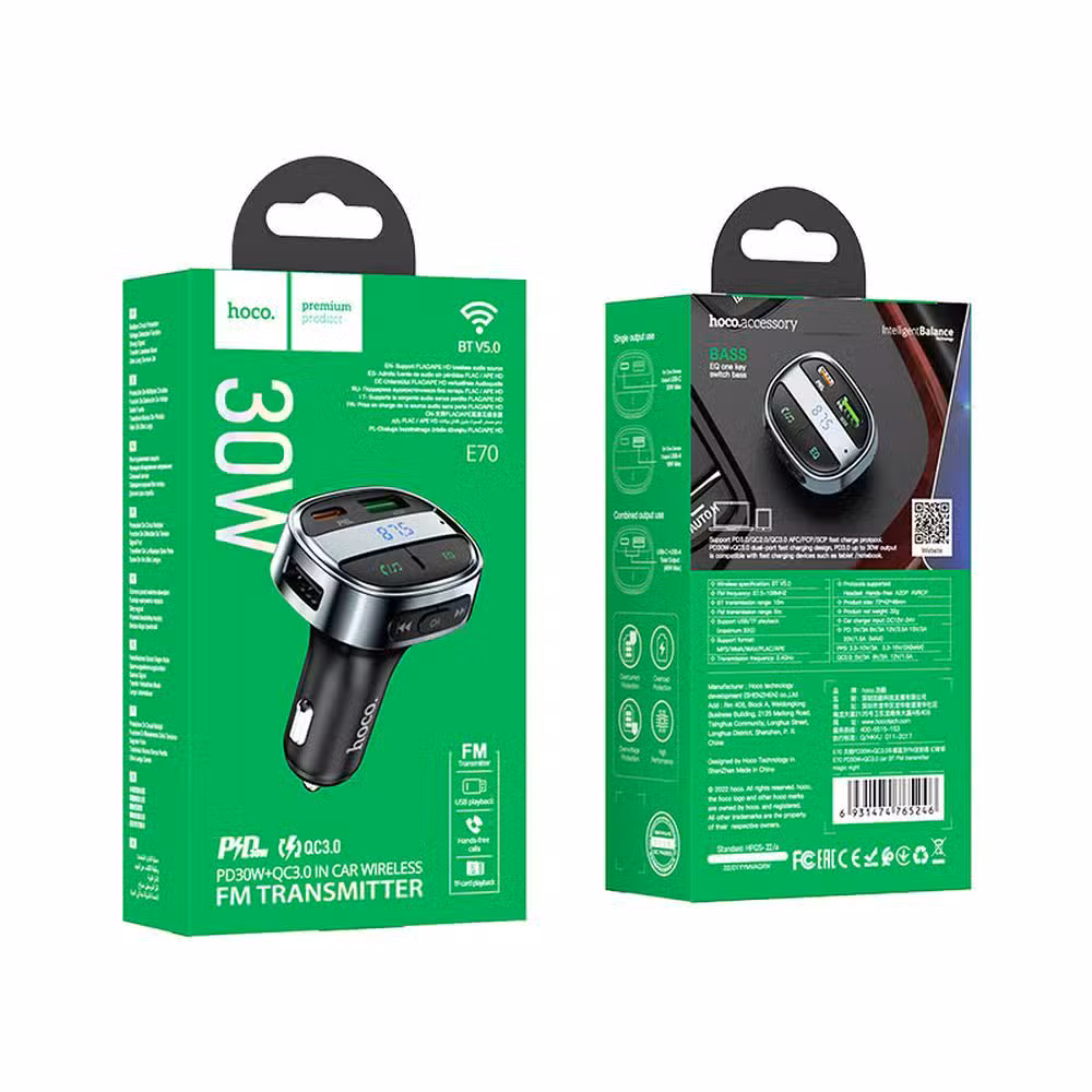 Ładowarka samochodowa Hoco USB A + USB C PD QC3.0 5A 30W z wyświetlaczem + transmiter FM BT E70 czarny - obrazek 5