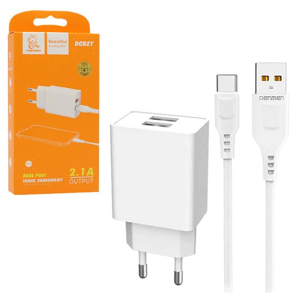 ŁADOWARKA SIECIOWA 2.1A 10W BIAŁA DENMEN 2100mA 2xUSB DC02 + KABEL TYP-C BIAŁY 1M