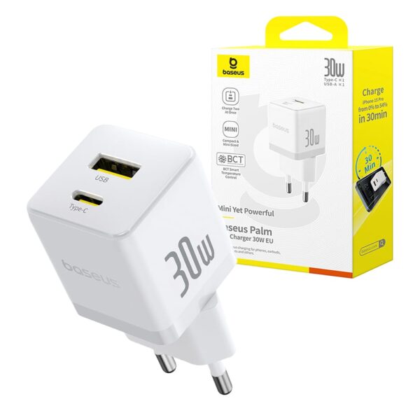 Baseus ładowarka sieciowa USB / USB-C 30W QC PD biały